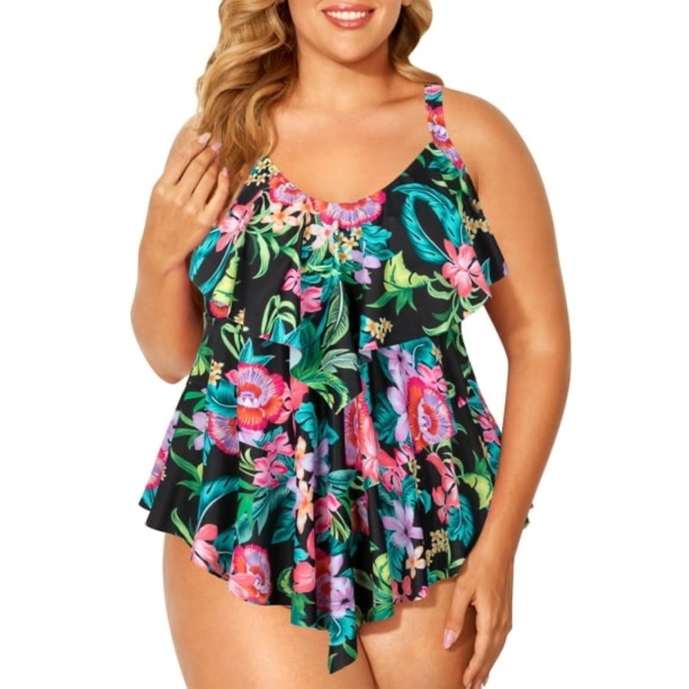 Plus Size Tankini Swimsuit Tummy Control Two Piece Ruffled Flounce nwot